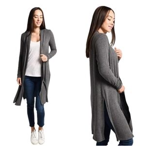Beyond Yoga Heather Gray Long Duster Cardigan Sz XS Side Slit Athleisure Soft